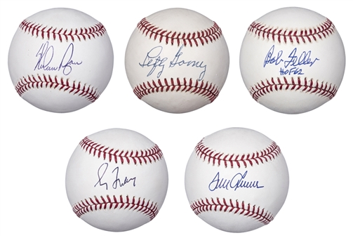 Lot of (5) Hall of Fame Pitchers Single Signed Baseball - Seaver, Maddux, Gomez, Feller & Ryan (PSA/DNA & Beckett)